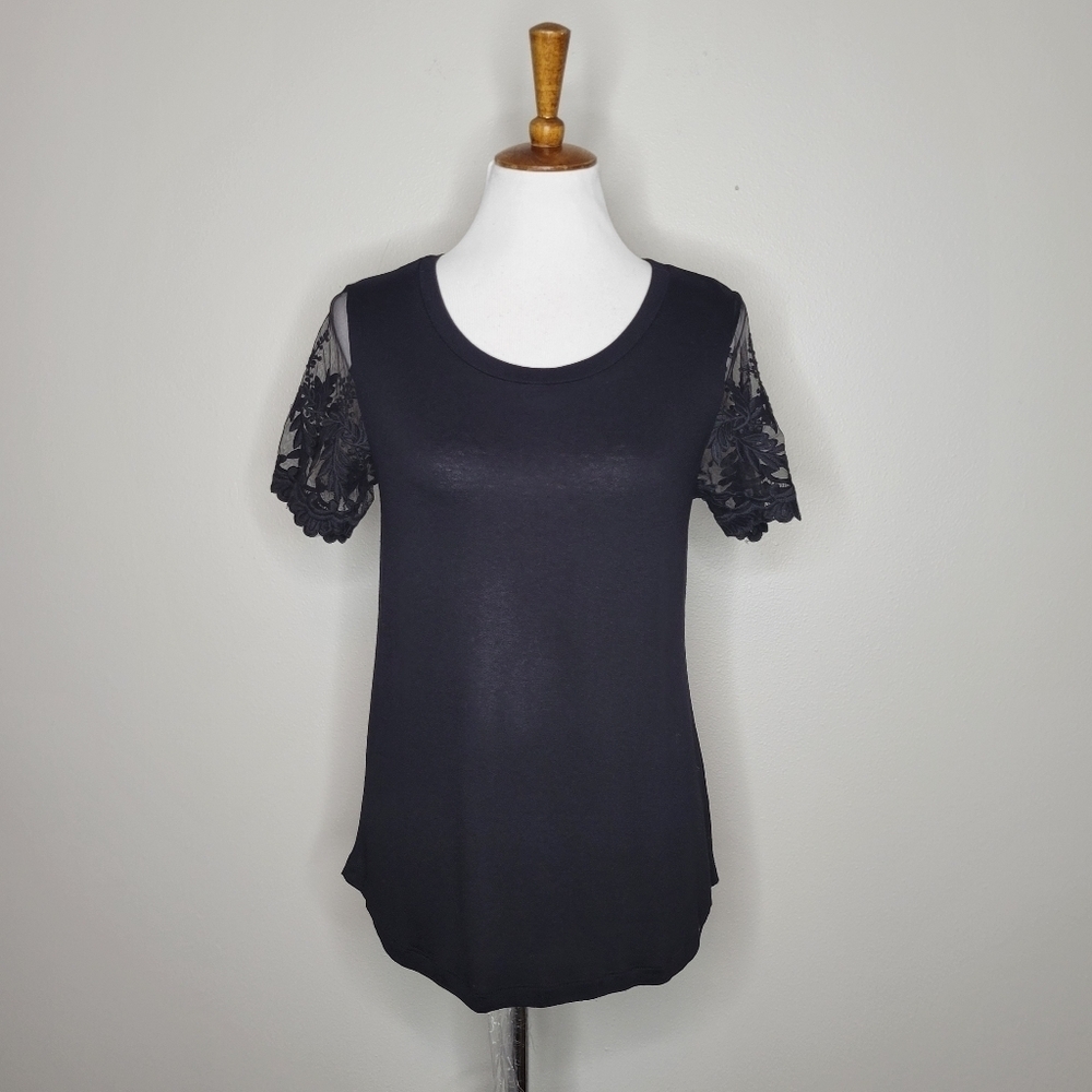Pen & Paper Black Crew Neck‎ Lace Sleeve Top Size Large
